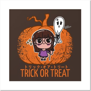 Kawaii Girl and the Unhappy Spirit: Halloween Charm on Pumpkin Background Posters and Art